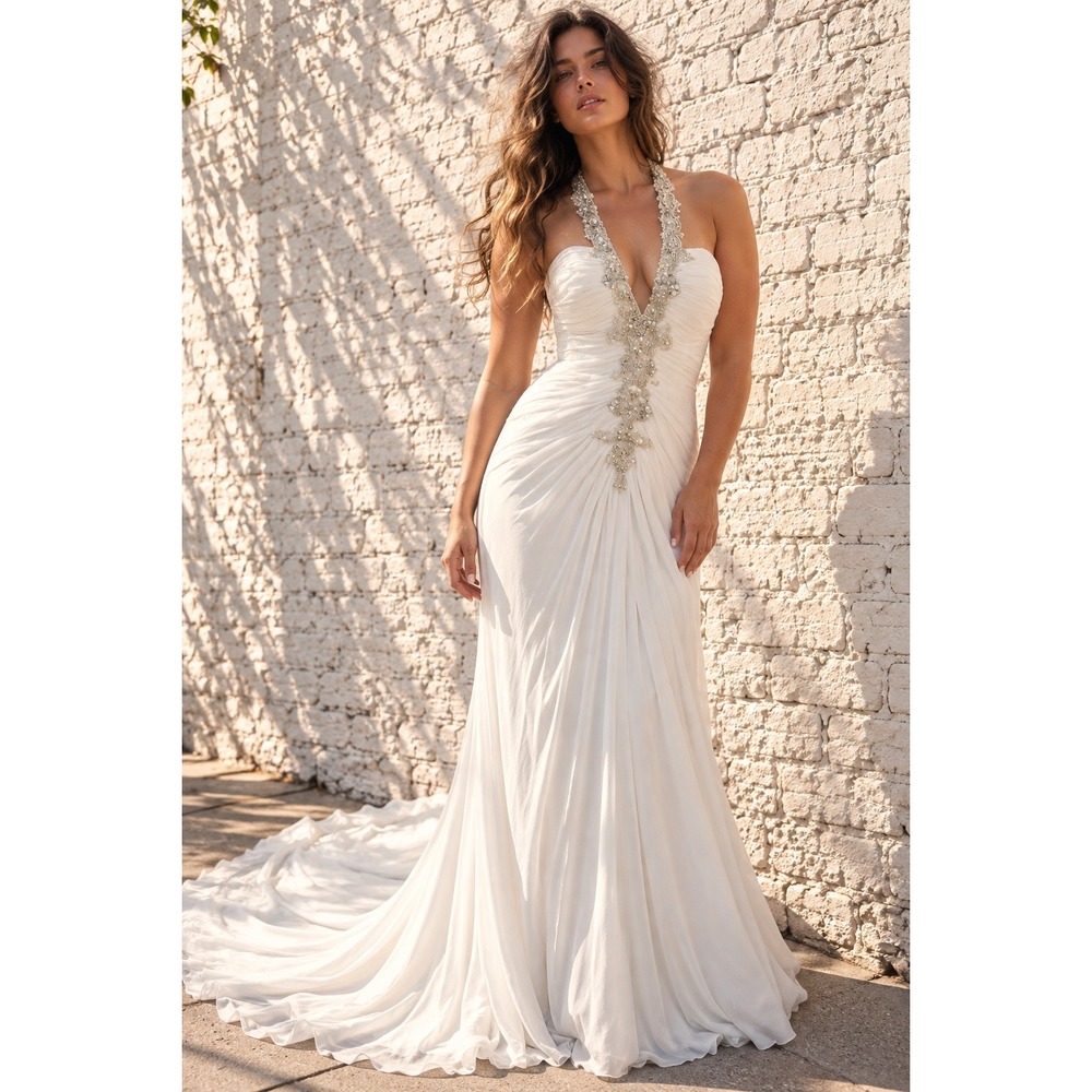 Maggie Sottero White Chiffon Beaded Halter Wedding Dress Y2K Glam Size 8